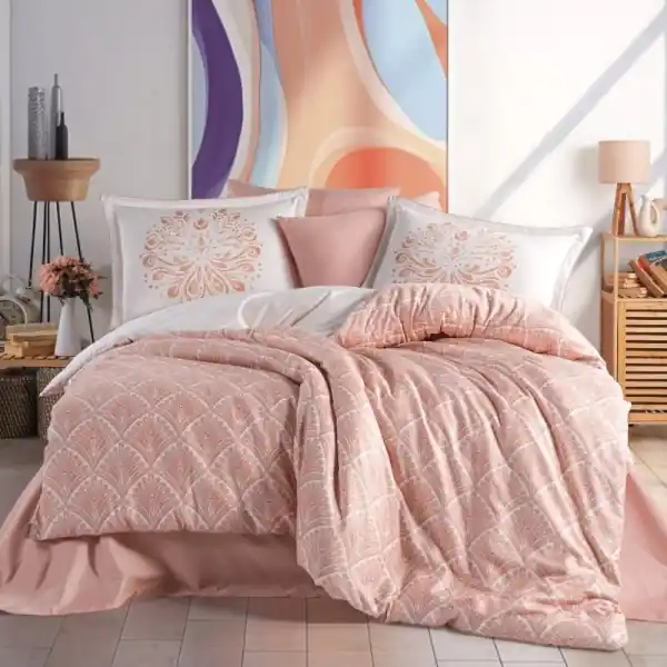 Set lenjerie de pat bumbac saten 100% Sheldon | Hobby Home | roz somon | geometric | 6 piese | 2 persoane Lichidare de stoc