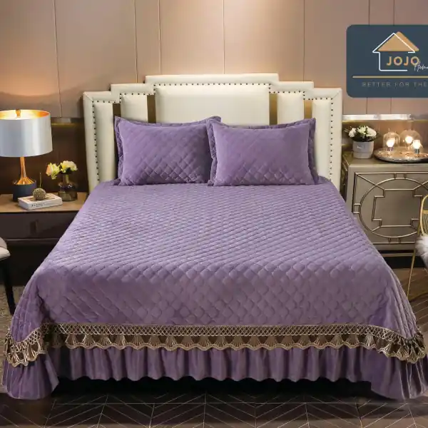 Calitate înaltă Cuvertura de pat cu volan si broderie, 2 fete de perne, catifea, pat 2 persoane, mov, 3 piese, CCBJ-02