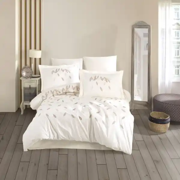 Lenjerie de pat cu broderie, 100% bumbac, tesatura poplin, pat 2 persoane, 6 piese, crem, Lida, HBP-22 Livrare expres