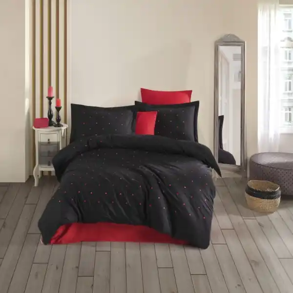 Ofertă de sezon Lenjerie de pat cu broderie, 100% bumbac, tesatura poplin, pat 2 persoane, 6 piese, rosu / negru, Lubow, HBP-26