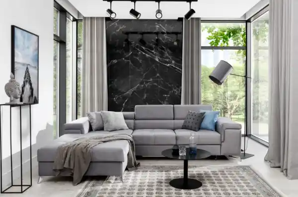 Coltar tapitat, extensibil, cu spatiu pentru depozitare, 280x90x205 cm, Ricardo L03, Eltap Albastru deschis / Omega 86 Reducere