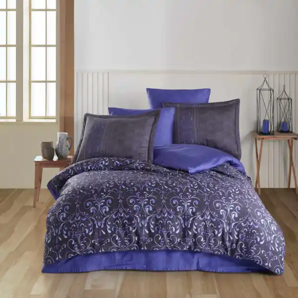 Retur gratuit Lenjerie de pat, 100% bumbac, tesatura satin, pat 2 persoane, albastru / gri inchis, Gris