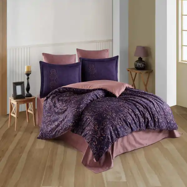Lenjerie de pat, 100% bumbac, tesatura satin, pat 2 persoane, violet / mov, Gris Preț mic