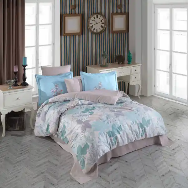 Lenjerie de pat, 100% bumbac, tesatura satin, pat 2 persoane, gri / bleu, Juillet Ofertă exclusivă
