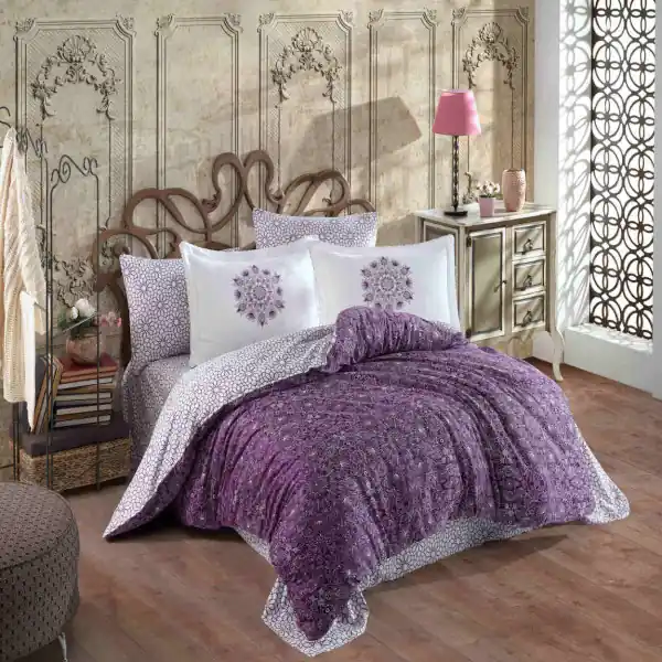 Lenjerie de pat, 100% bumbac, tesatura satin, pat 2 persoane, alb / violet, Marcella Expediere rapidă
