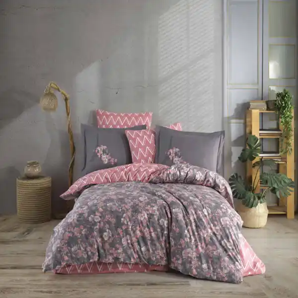 Retur ușor Lenjerie de pat, 100% bumbac, tesatura poplin, pat 2 persoane, roz / gri inchis, Alanza