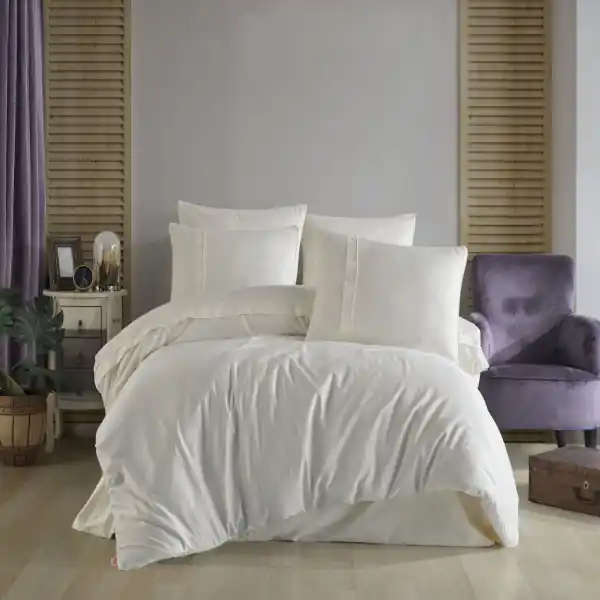 Lenjerie de pat, 100% bumbac, tesatura satin, pat 2 persoane, 6 piese, crem, Plain Ofertă de sezon