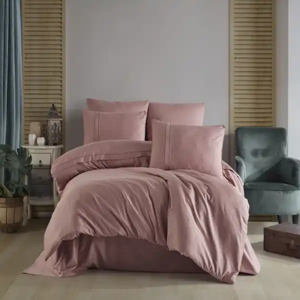Lichidare de stoc Lenjerie de pat, 100% bumbac, tesatura satin, pat 2 persoane, 6 piese, roz inchis, Plain