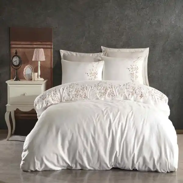 Retur ușor Dantela Vita, Lenjerie de pat 2 persoane, cu broderie, bumbac satinat, 6 piese, crem / roz, Alya