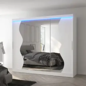 Expediere rapidă Dulap cu usi glisante si oglinda + iluminare LED, Sharon 250 + LED, 250 cmx200 cmx58 cm, ADRK Furniture Alb