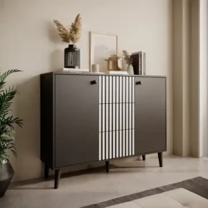 Ofertă exclusivă Comodă cu doua usi si trei sertare, 120x35x90cm, FADI, ADRK Furniture Alb / Negru