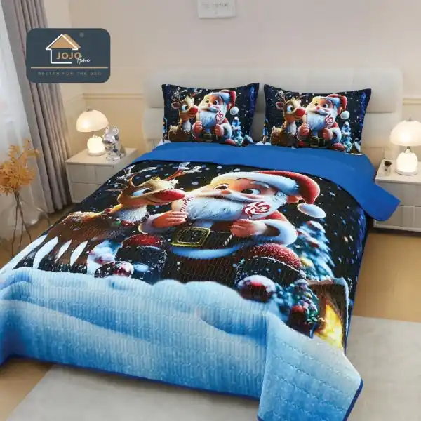 Reducere extra Cuvertură de Pat Matlasată 5D Crăciun Albastru | Moș Crăciun cu Ren | 3 Piese | Finet Catifelat | PatulMeu