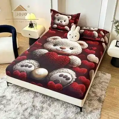 Chilipir Husă de pat Finet 5D vișinie cu ursuleț + 2 fețe de pernă | JoJo Home