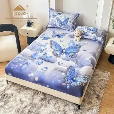 Husă de pat Finet 5D bleu cu fluturi + 2 fețe de pernă | JoJo Home Preț mic