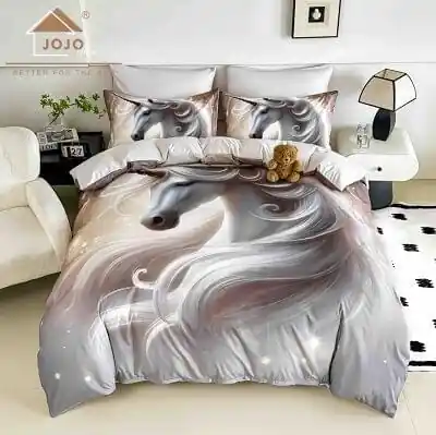 Lenjerie de pat din finet 5D Gri cu Unicorn JOJO HOME – 6 piese Ultima șansă