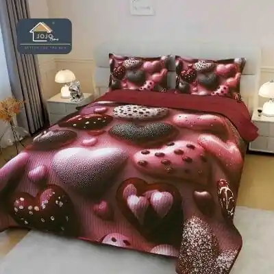 Doar azi Cuvertură matlasată 5D visiniu cu inimi decorative JOJO HOME – 3 piese