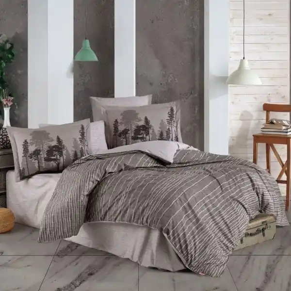 Set lenjerie de pat bumbac poplin 100% Tully | Hobby Home | Cafea | Imprimeu forestier | 4 piese | 2 persoane Popular