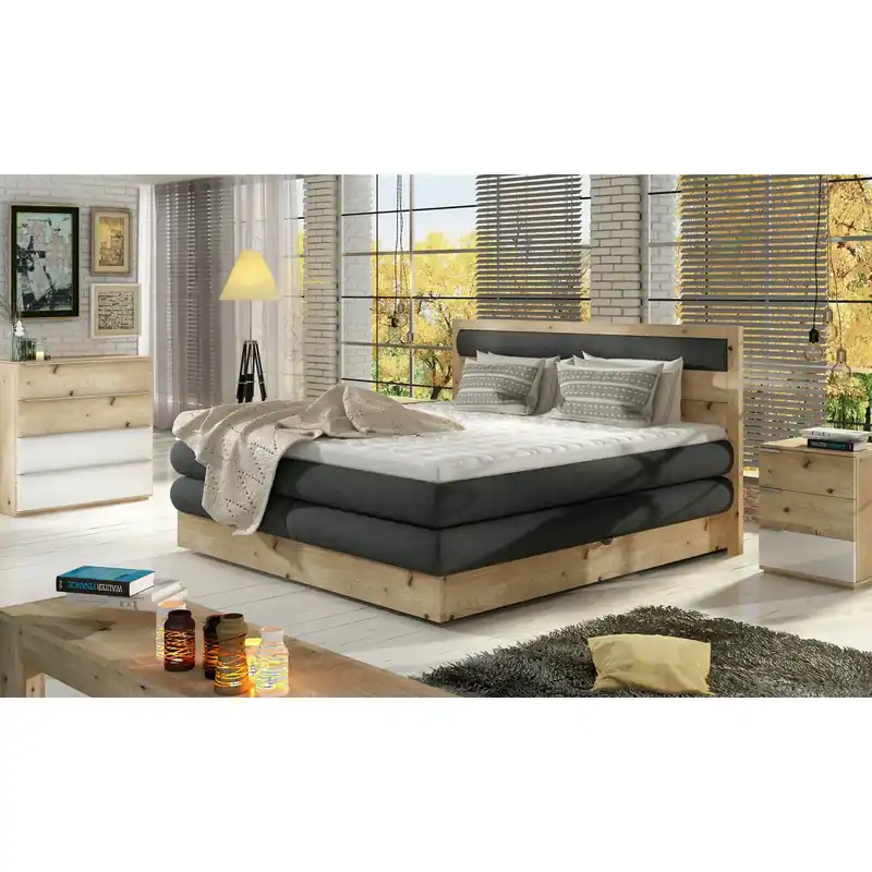 Pat boxspring DIORI 160x200, personalizabil materiale gama Premium, cu saltea, topper si lada pentru depozitare Livrare expres