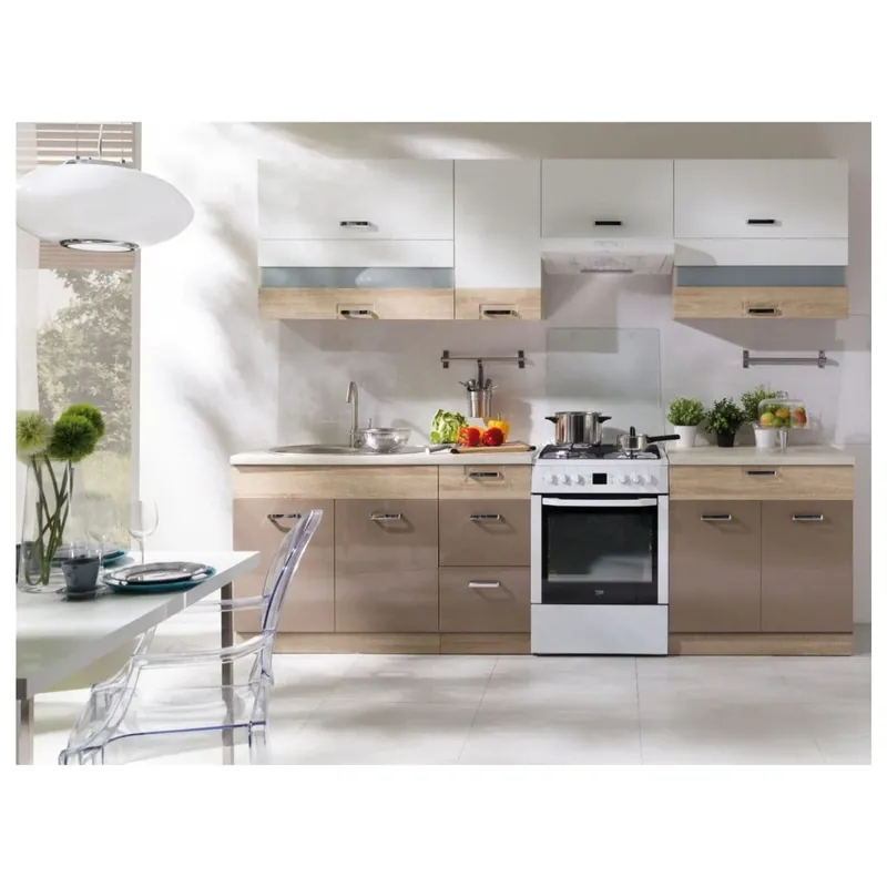 Set bucatarie PREMIO B PLUS, carcasa stejar sonoma/fronturi cappuccino si alb lucios, PAL, 270 cm, cu blatul trawertyn si plinta inclusa Preț promoțional