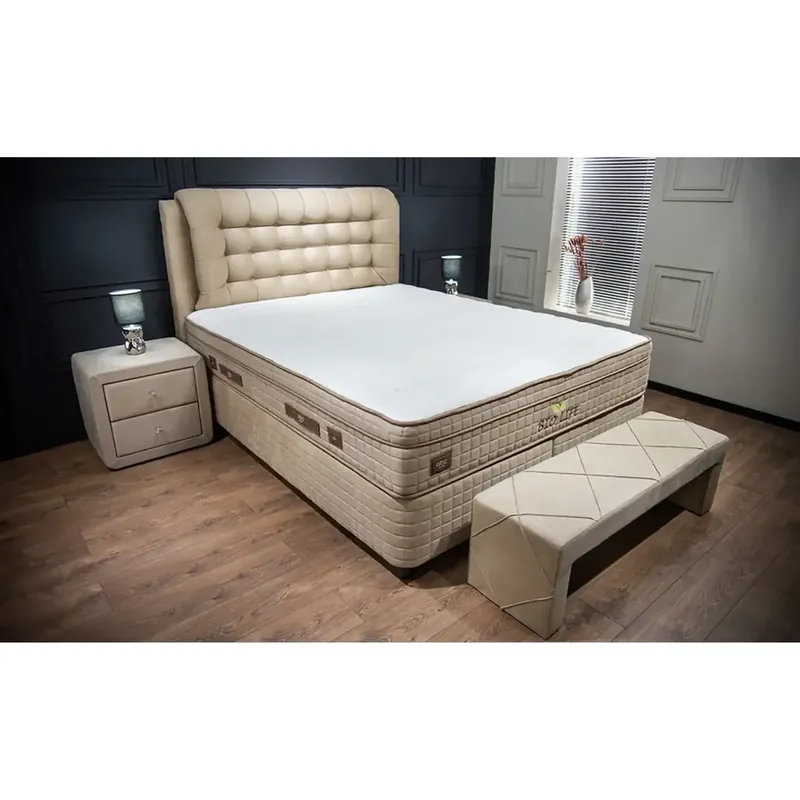 Pat BIO LIFE 140x200, bej, stofa/burete/PAL/metal, cu somiera, lada pentru depozitare si port USB Cel mai bun preț