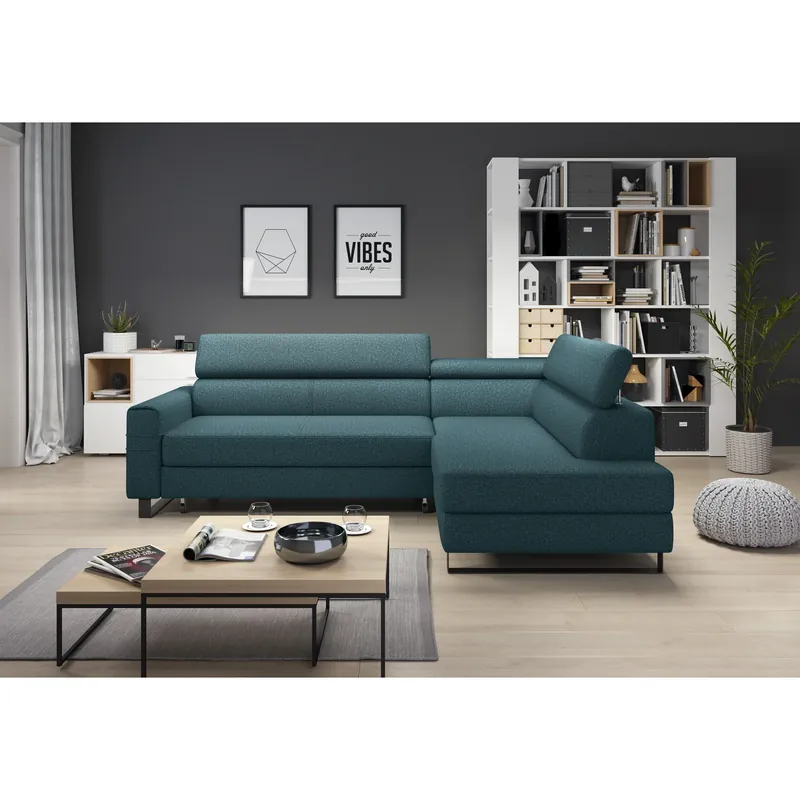 Cumpără online Coltar extensibil LIVIO, personalizabil materiale gama Oferta Avantaj, cu lada depozitare si tetiere reglabile, 249x184x90 cm
