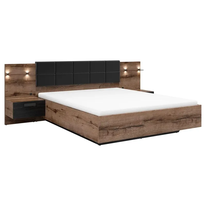 Reducere extra Pat KASSEL 160x200, nuc/negru, PAL/piele ecologica, cu somiera, spatiu depozitare, iluminare LED si 2 noptiere integrate