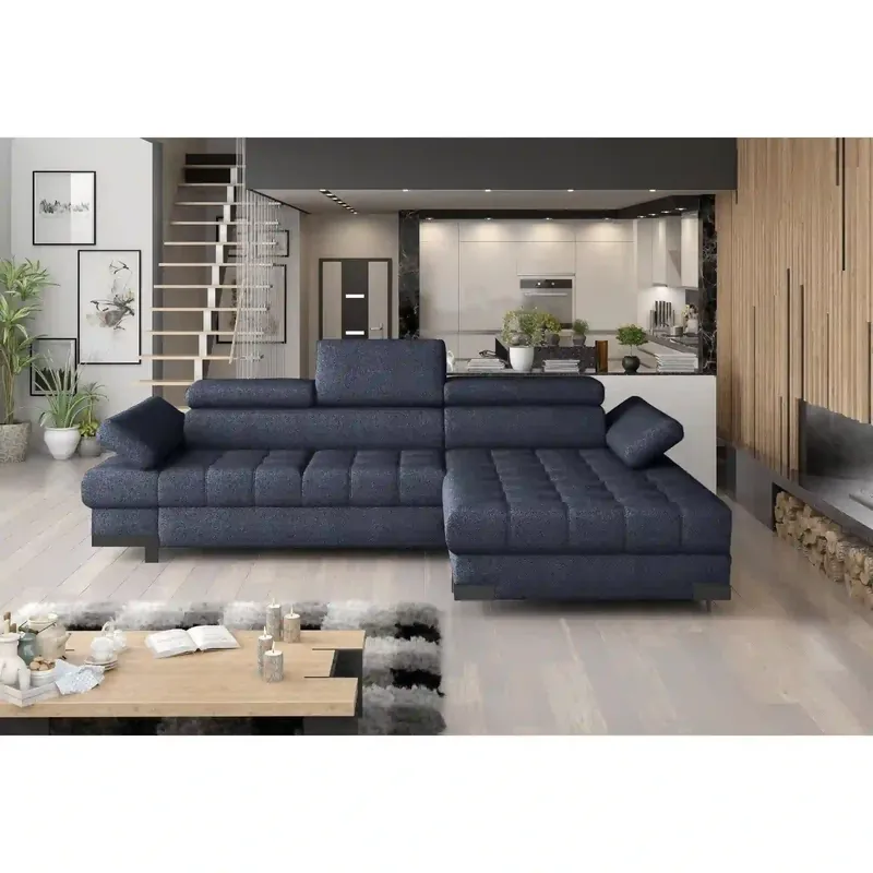 Coltar extensibil SELVA MINI, sezlong dreapta, stofa clasica albastru inchis - Austin 15, cu lada depozitare si tetiere reglabile, 270x173x95 cm Lichidare de stoc