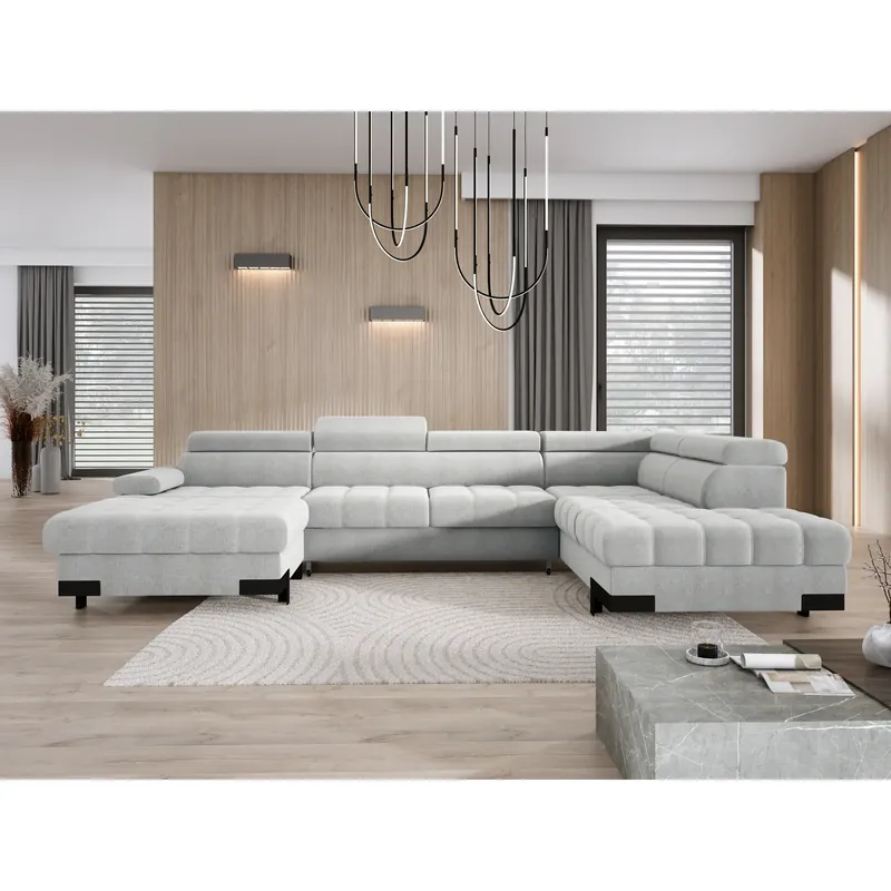 Coltar extensibil SELVA XL, sezlong dreapta, stofa catifelata crem - Salvador 1, Gama Premium, cu lada depozitare si tetiere reglabile, 339x223x95 cm Doar azi