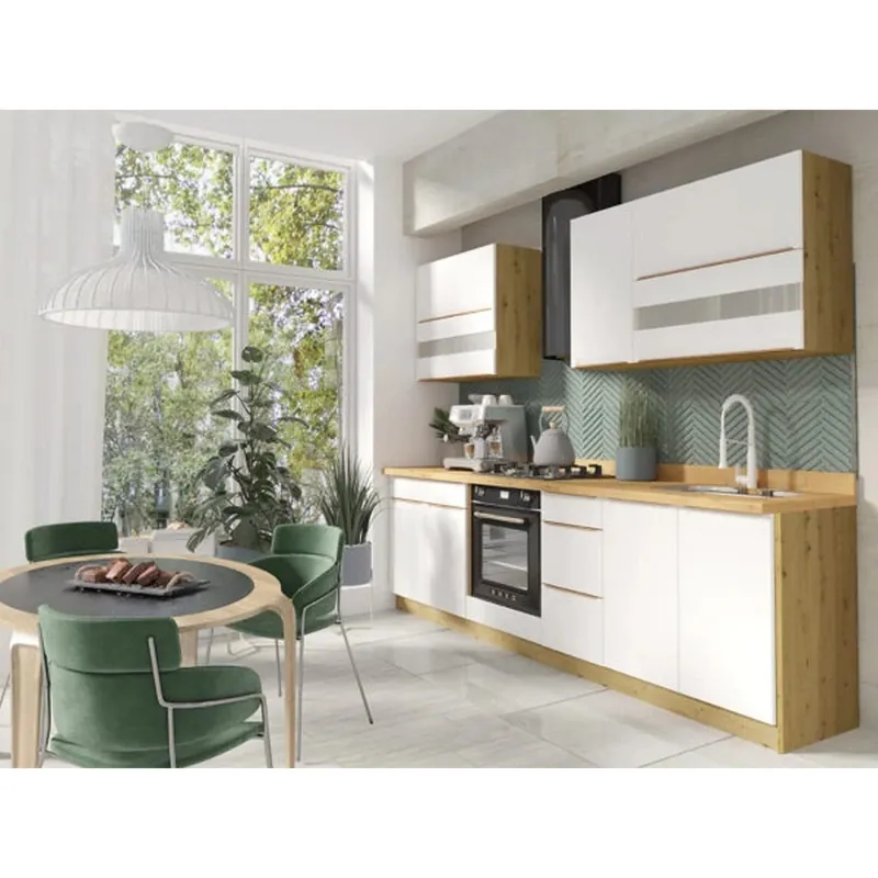 Set bucatarie GLAMOUR A, carcasa stejar artisan/fronturi alb lucios, PAL, 270 cm, cu blatul artisan, plinta superioara si inferioara incluse Cumpărături sigure