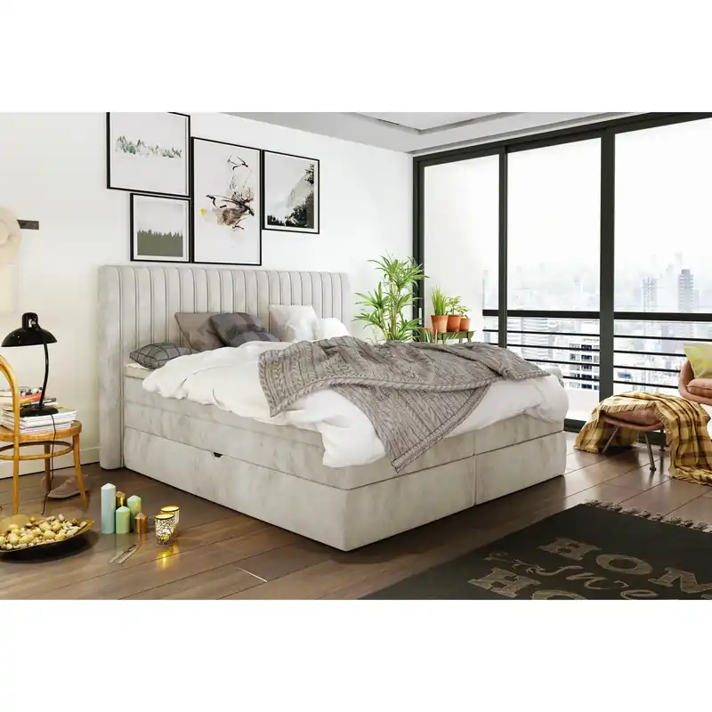 Cumpărături sigure Pat MINOLA boxspring 180x200, stofa catifelata bej - Riviera 16, Gama Premium, cu saltele, topper si 2 lazi pentru depozitare