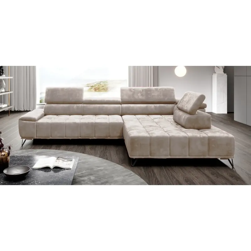 Coltar PALLADIO L, sezlong dreapta, stofa catifelata crem - Salvador 01, Gama Premium, cu reglaj electric si tetiere reglabile, 320x220x99 cm Mai ieftin