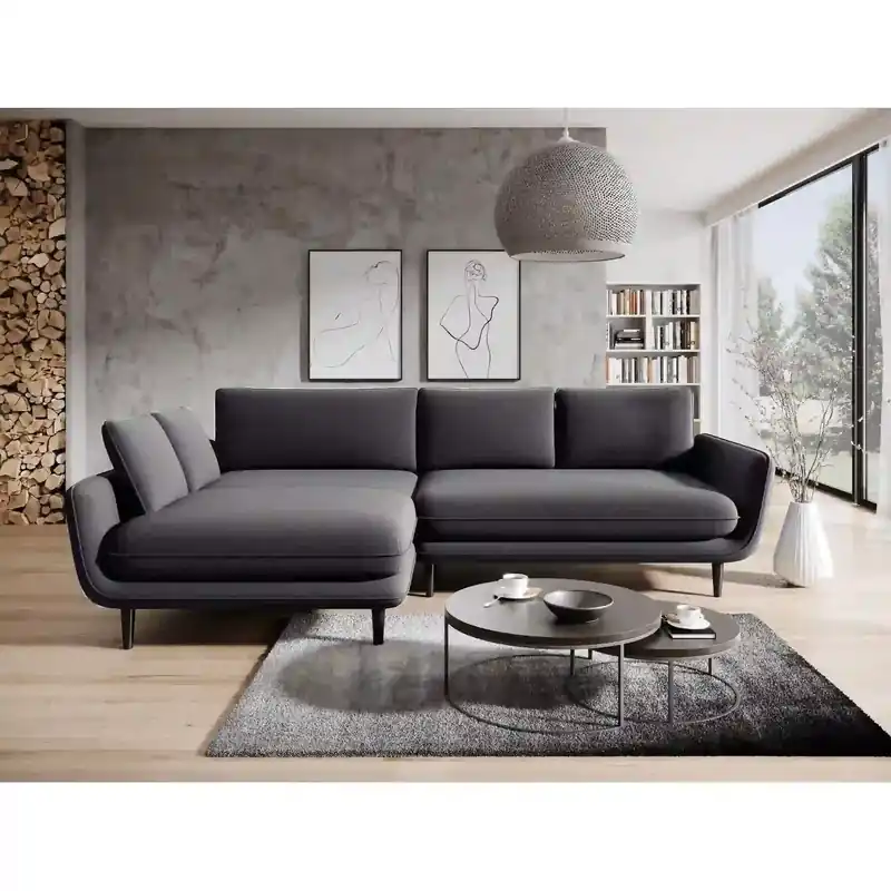 Coltar extensibil SOLANO, sezlong stanga, stofa catifelata gri - Palladium 16, Gama Premium, cu lada depozitare, 260x167x83 cm Preț promoțional