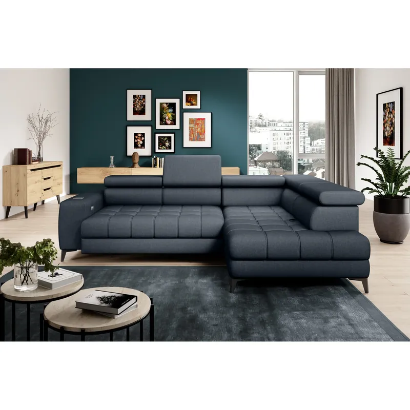 Comandă acum Coltar BAGGIO, personalizabil materiale gama Premium, cu reglaj electric, incarcator wireless, lada depozitare si tetiere reglabile, 280x196x100 cm