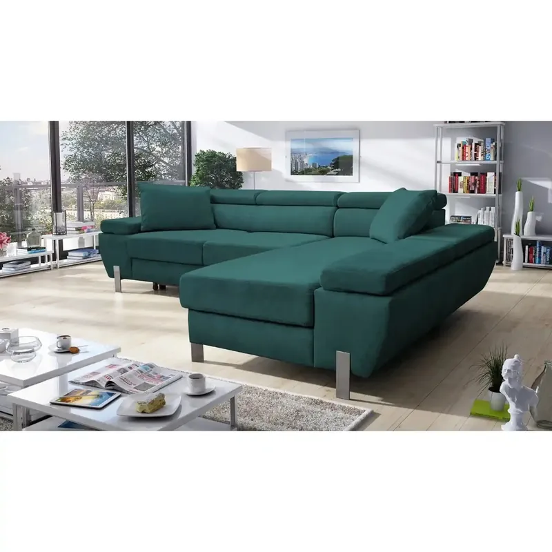 Coltar extensibil MOLINA MINI, sezlong dreapta, stofa catifelata verde - Element 20, Gama Premium, cu lada depozitare, 277x189x90 cm Retur gratuit
