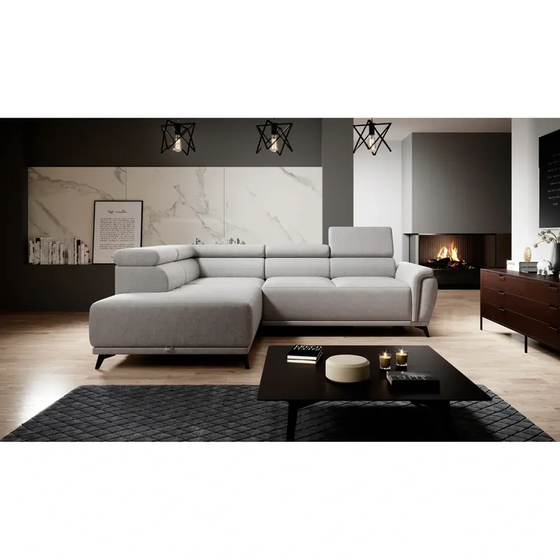 Vezi acum Coltar extensibil ATLANTA, sezlong stanga, stofa catifelata maro deschis - Palladium 4, Gama Premium, cu lada depozitare si tetiere reglabile, 281x203x98 cm