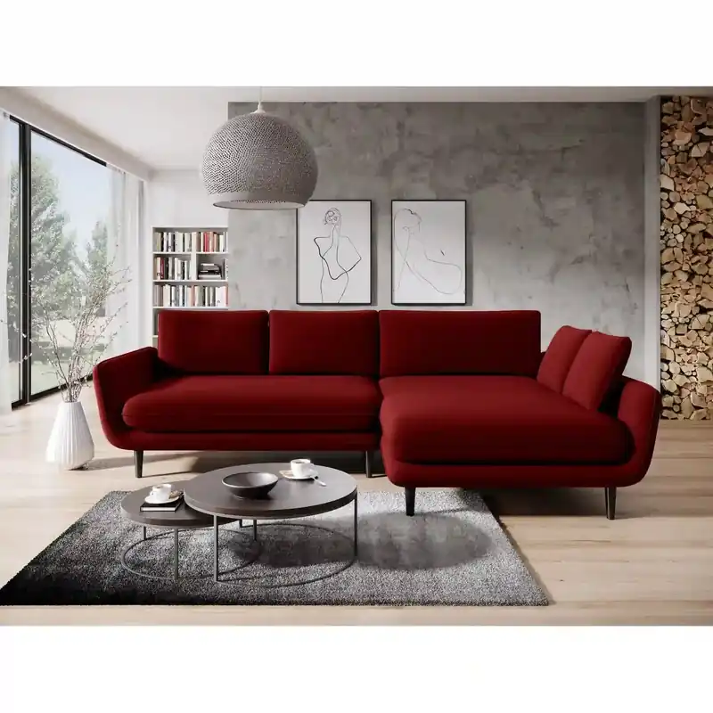 Coltar extensibil SOLANO, sezlong dreapta, stofa catifelata visiniu - Riviera 59, Gama Premium, cu lada depozitare, 260x167x83 cm Discount