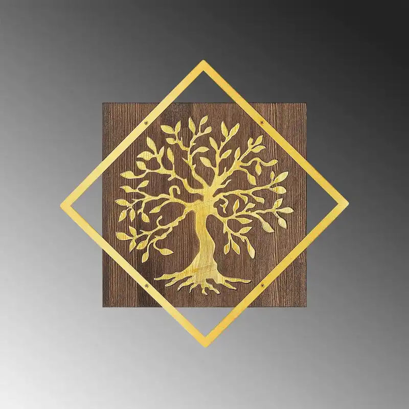 Preț mic Decoratiune perete TREE V2, nuc/auriu, lemn/metal, 54x54 cm