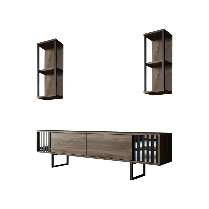 Livrare rapidă Mobilier living CHROME LINE, nuc/negru, PAL melaminat/metal, 3 piese