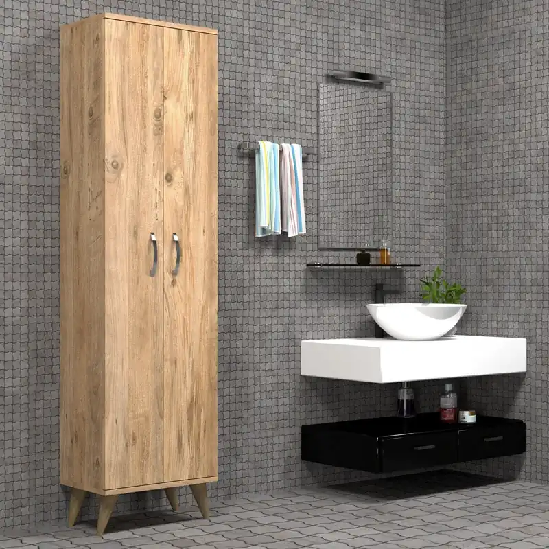 Premium Dulap baie BDL0102, stejar, PAL melaminat, cu 2 usi, 49x32x185 cm