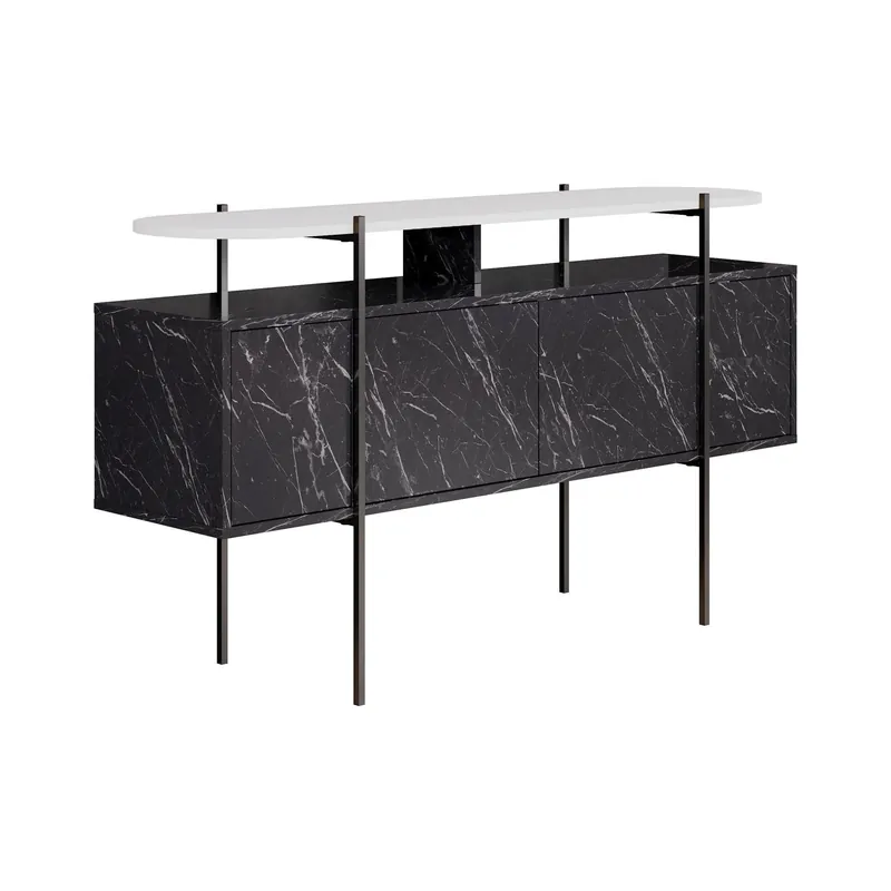 Comoda HANLEY, alb/negru cu efect de marmura, PAL melaminat/metal, 150x38x86 cm Preț promoțional