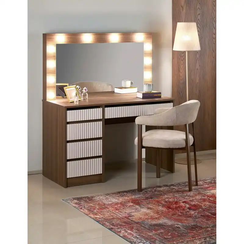 Retur gratuit Masa de toaleta cu oglinda cu leduri HOLLYWOOD 2 XL, nuc/casmir, PAL laminat, 120x55x140 cm
