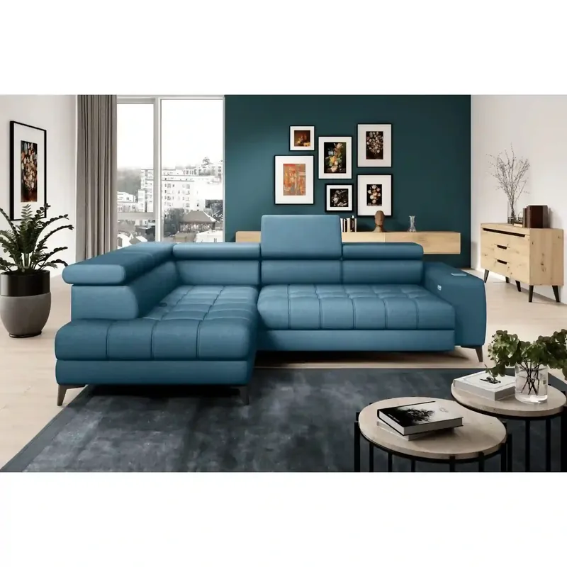 Coltar modern pentru living BAGGIO, sezlong stanga, stofa catifelata albastru - Whisper 12, Gama Premium, cu reglaj electric, incarcator wireless, 280x196x100 cm Retur ușor