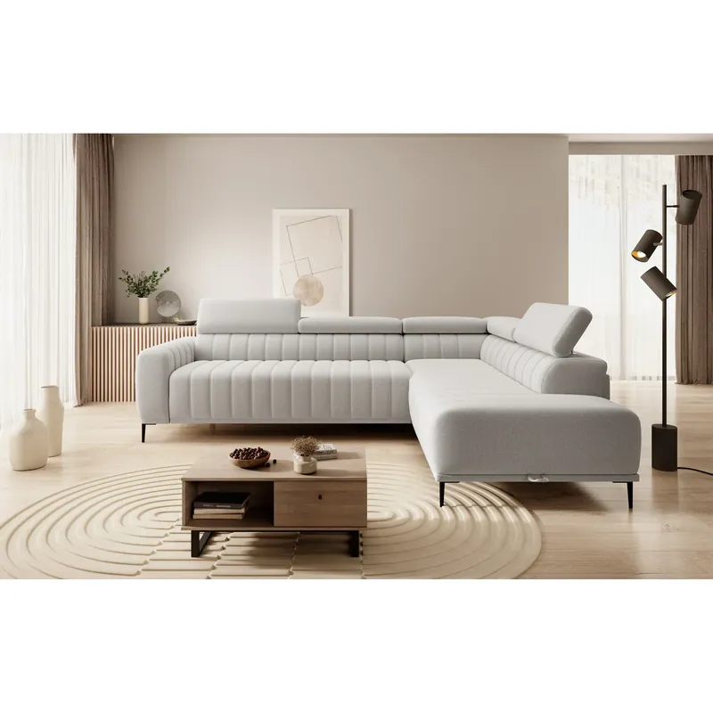 Coltar extensibil GANDI 160, sezlong dreapta, stofa catifelata gri deschis - Vogue 14, Gama Premium, cu lada depozitare, 301x204x99 cm Livrare rapidă