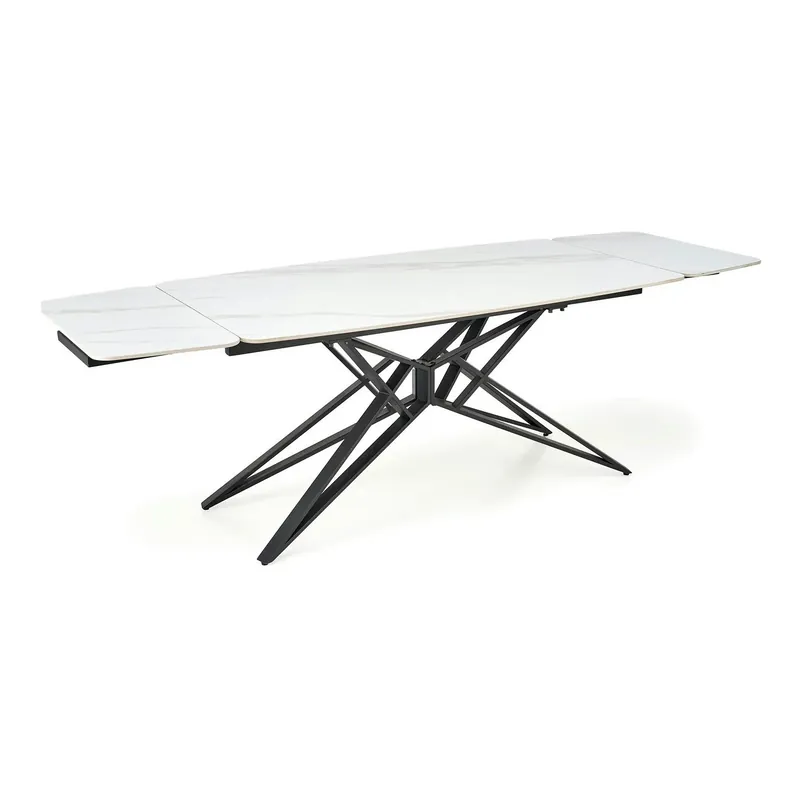 Livrare expres Masa extensibila ALFREDO, alb cu efect de marmura/negru, piatra sinterizata/otel, 160-240x91x76 cm
