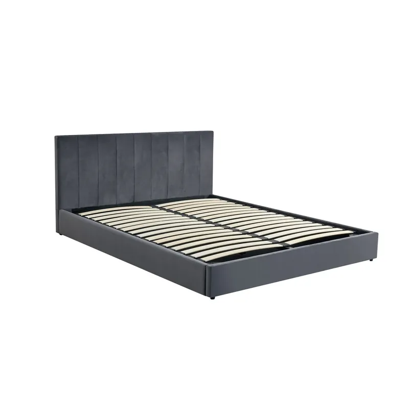 Calitate înaltă Pat KATARINA 160x200, stofa catifelata gri - Bluvel 14, cu somiera si lada depozitare