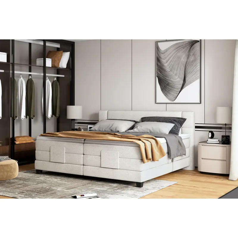 Pat boxspring REY 140x200, personalizabil materiale gama Oferta Avantaj, cu mecanism electric, saltele si topper Bestseller