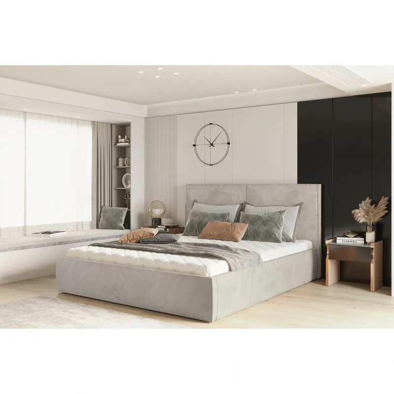 Pat NICOLE 140x200, personalizabil materiale Gama Premium, cu somiera metalica, lada depozitare si pistoane Preț promoțional