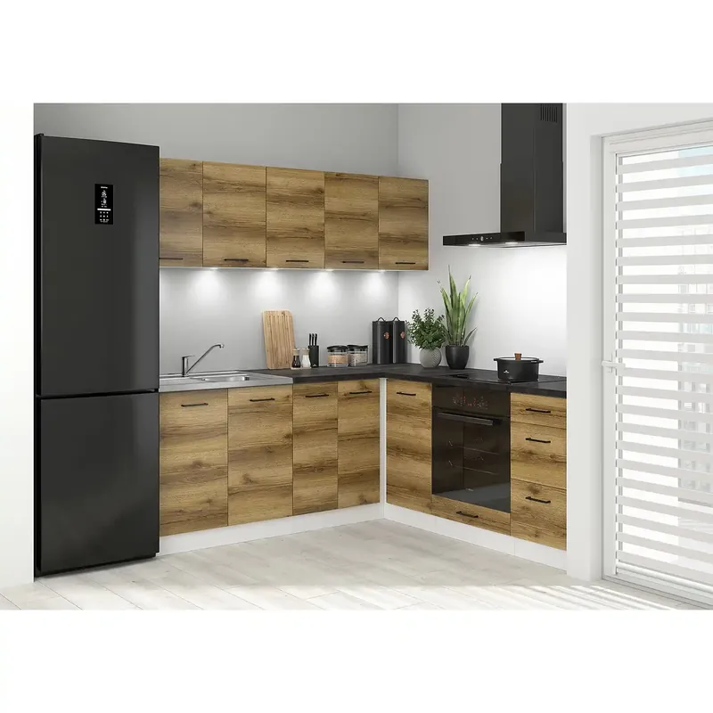 Bestseller Set bucatarie JUNONA LINE, stejar delano/alb, PAL, 200x200 cm, cu blat negru