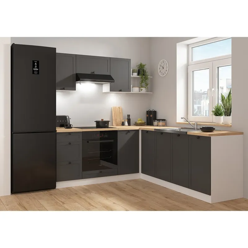 Set bucatarie JUNONA LINE, gri grafit/alb, PAL, 200x220 cm, cu blat stejar artisan Chilipir