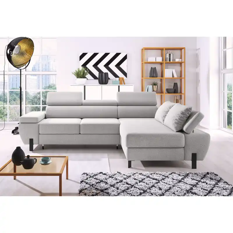 Coltar extensibil MOLINA MINI, sezlong dreapta, stofa catifelata albastru - Whisper 12, cu lada depozitare, 277x189x90 cm Preț promoțional